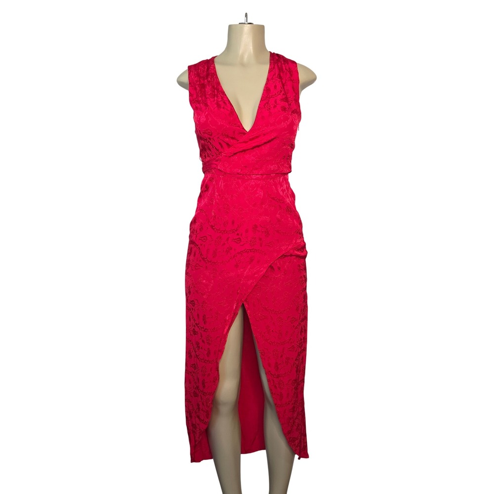 Topshop Maxi Dress Womens 2 Red Jacquard Wrap V-Neck Sleeveless Floral Slit 90s